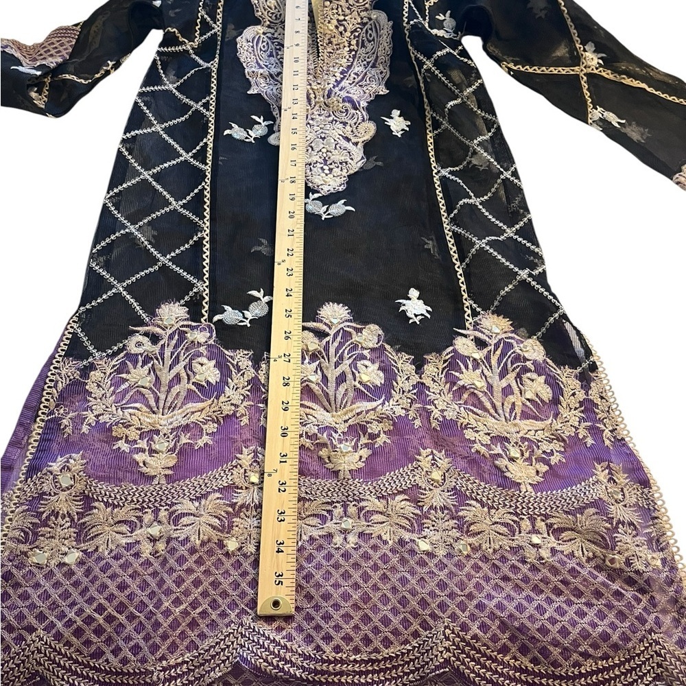 IDEAS Luxury Pret Embroidered Sheer Kurta | Black & Purple Khaadi Net | Small - Picture 5 of 10